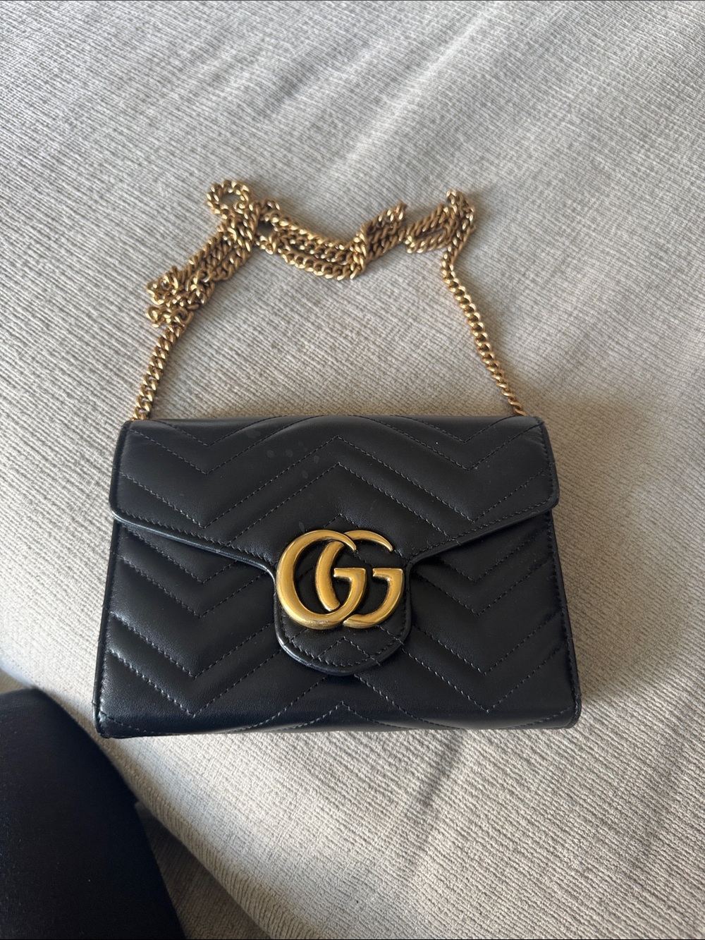 Gucci Black Quilted Leather Crossbody with Gold GG Chain